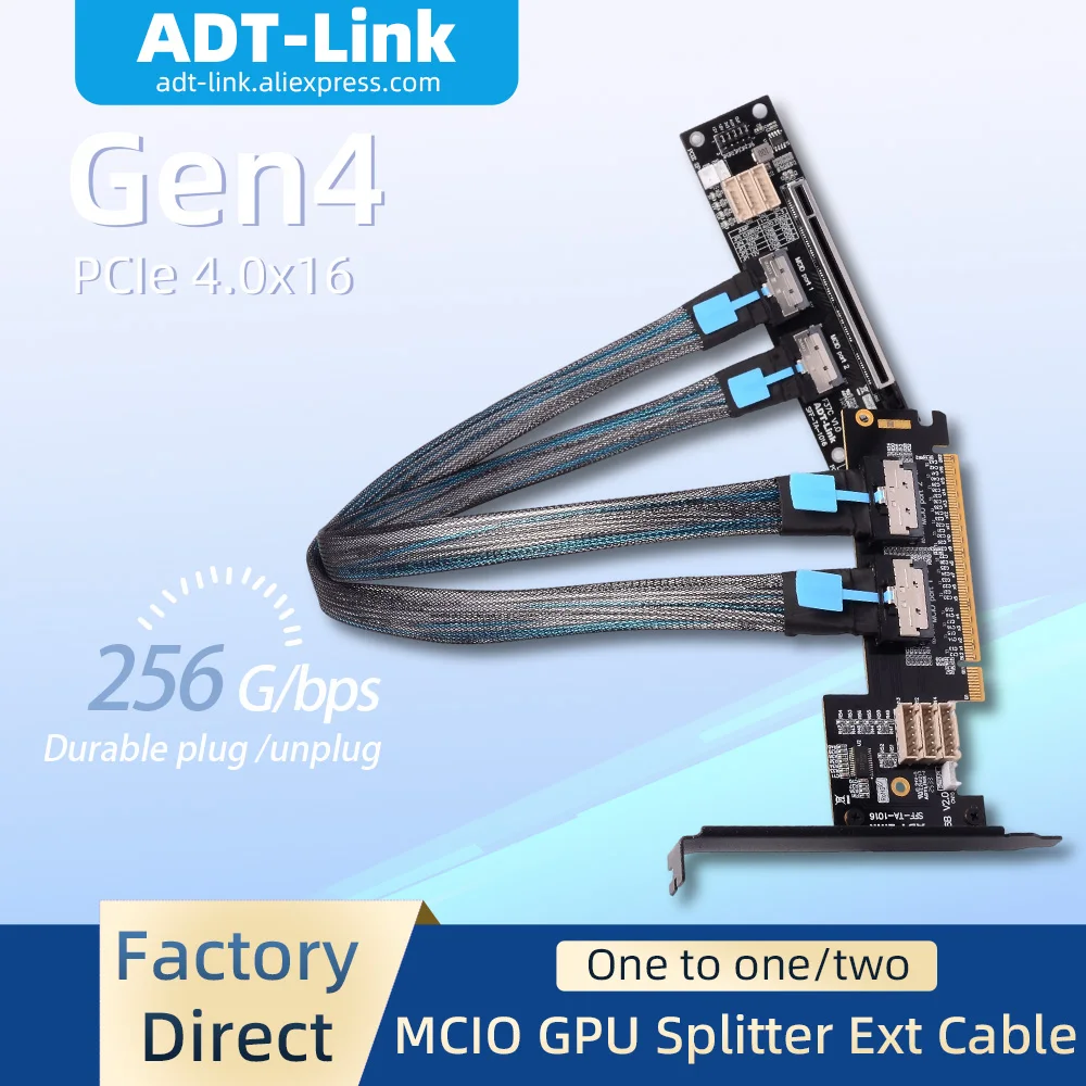 

ADT-Link PCIe 4.0 x16 MCIO Graphics Card Split Cable 256G/bps One-to-Two x8 GEN4 Dual (Split into x8x8) Bifurcation Adapter