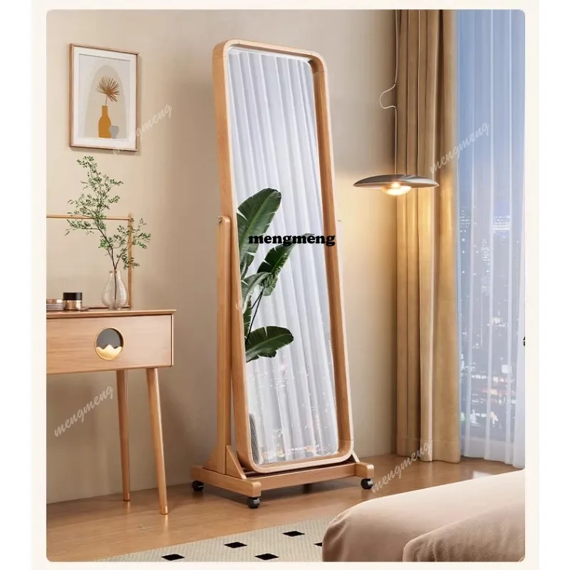 

Solid wood full body floor mirror household movable three-dimensional dressing mirror bedroom fitting mirror