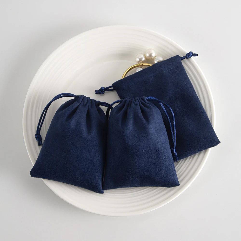 

50Pcs Navy Flannel Jewelry Drawstring Gift Bag Suede Jewellery Packaging Pouch Chic Wedding Favors Earrings Bracelet Candy Sack