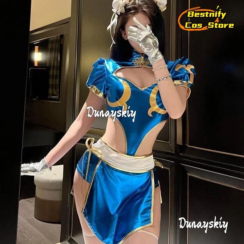 أزياء كوسبلاي جيمز تشون لي التأثيرية S-L فساتين شيونغسام الأزرق سبليت للنساء البالغات بدلة أغطية الرأس بدلة أنيمي للحفلات