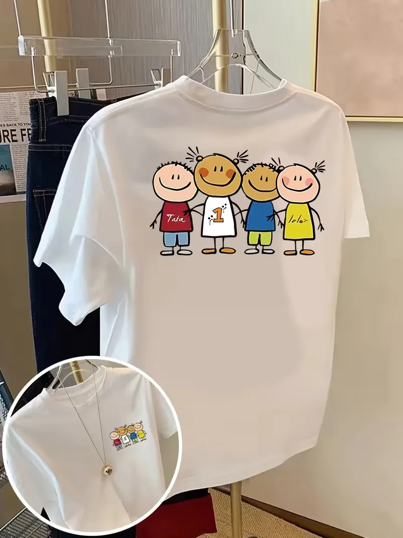 Friendship Print T Shirt with Cartoon Illustration Short Sleeve Crew Neck Casual Top for Summer Spring,Men Women Unisex Tops