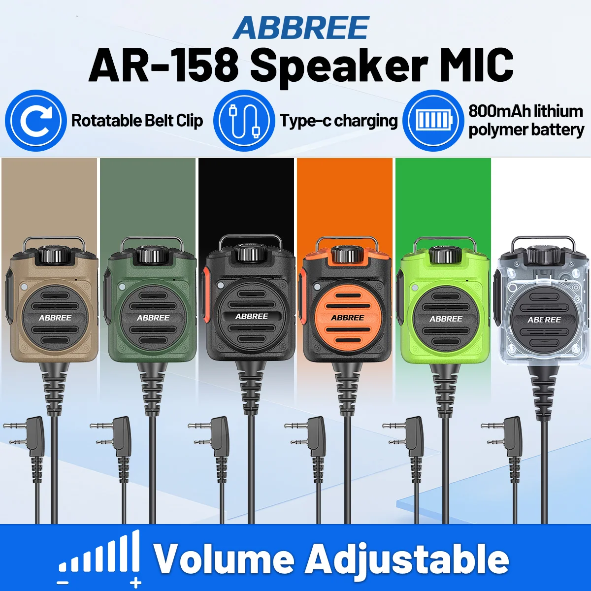 ABBREE AR-158 Walkie Talkie Speaker Mic Adjustable Volume 2 Pin K TYPE-C Charger For Baofeng UV-5R Quansheng UV-K1 K5 Ham Radio