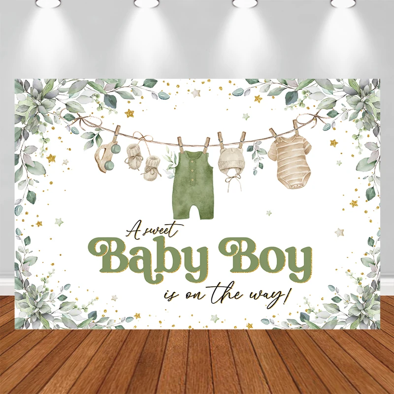 

LS Photography Background A Sweet Baby Boy is on the Way Green Leaves Glitter Gold Dust Baby Clothes Decor Baby Shower Backdrop