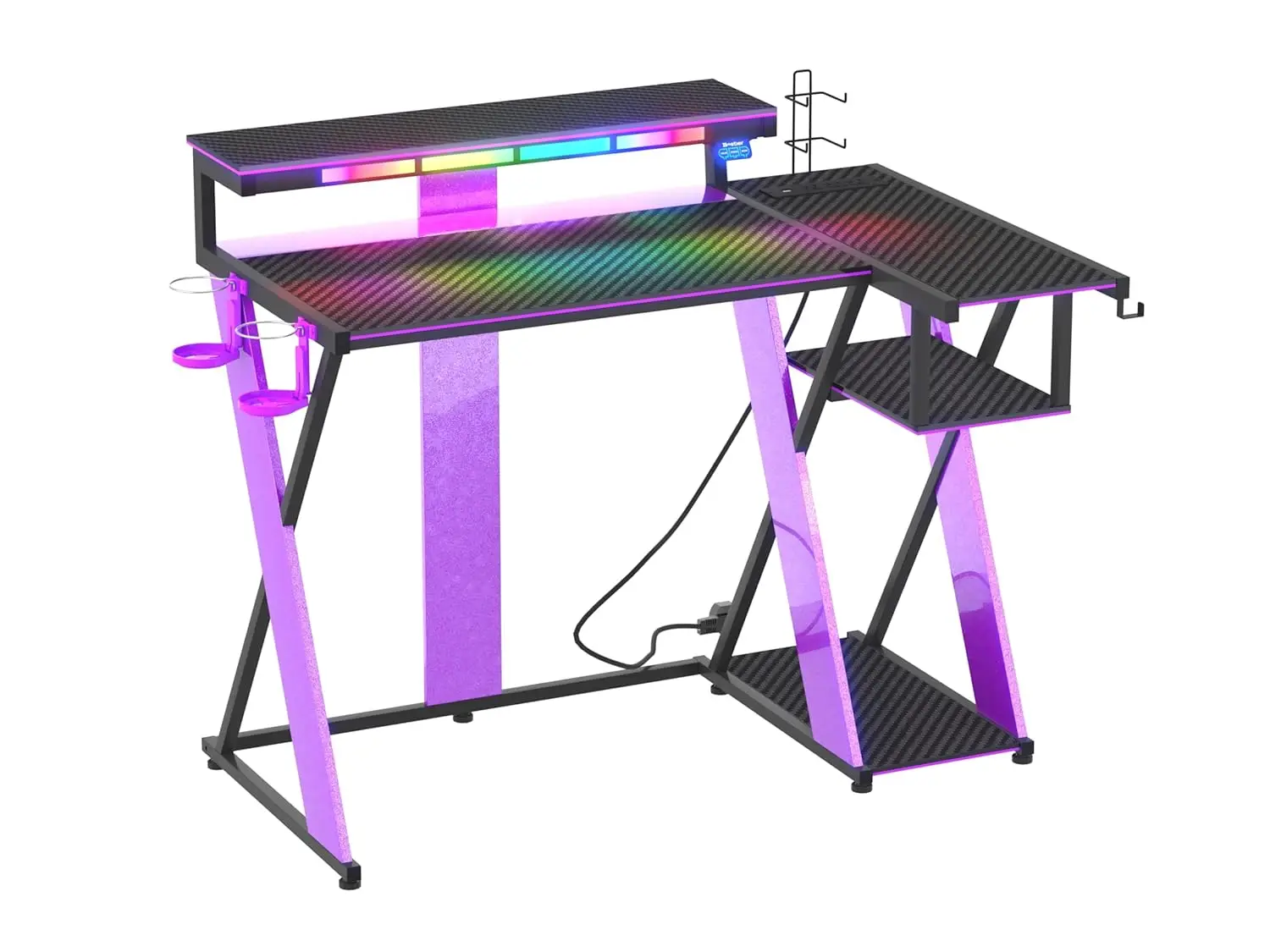 

Музыкальный RGB LED-стол для компьютера с подставкой для монитора, полками для PS5, держателем для кружки и крючком для гарнитуры, 42 дюйма, индивидуальный дизайн