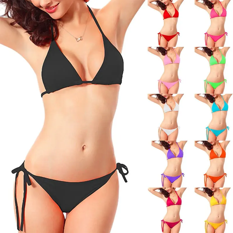 

New Fashion Basic Swimwear 2025 Summer Classical Bandage Halter Swimsuit Removable Padding Strappy Ties Sexy String Bikini
