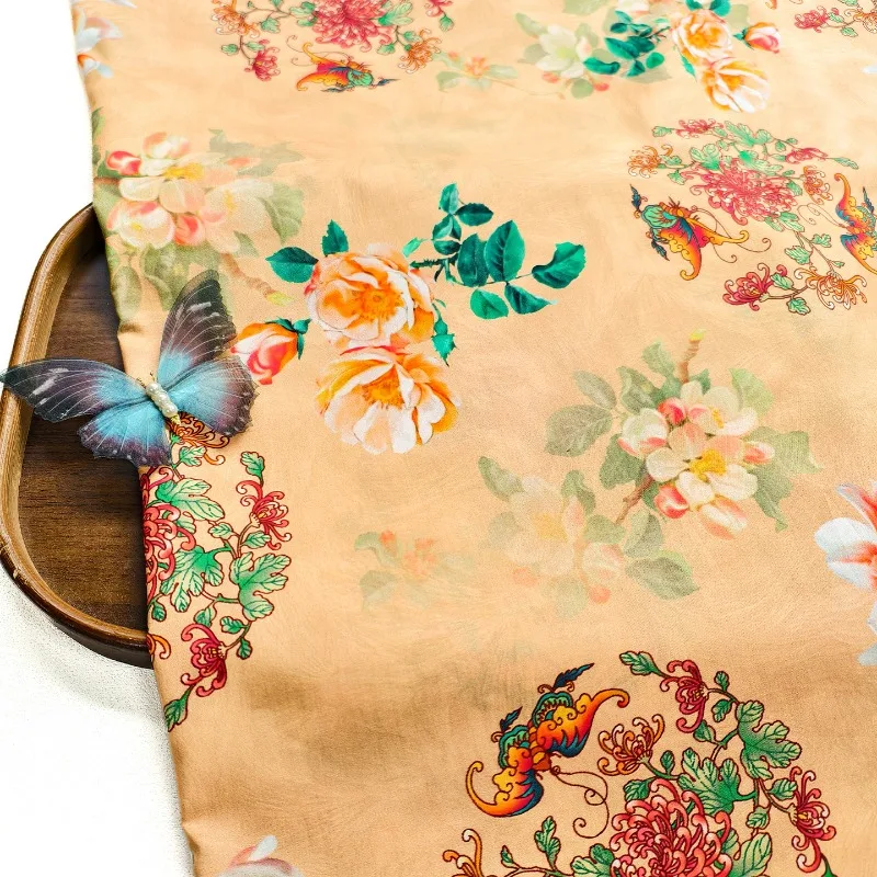 

L100cm X W145cm Gold Foil Floral Flower Butterfly 100%Cotton Fabric Handmade DIY Sewing Qipao Women Dress Shirt Home Material