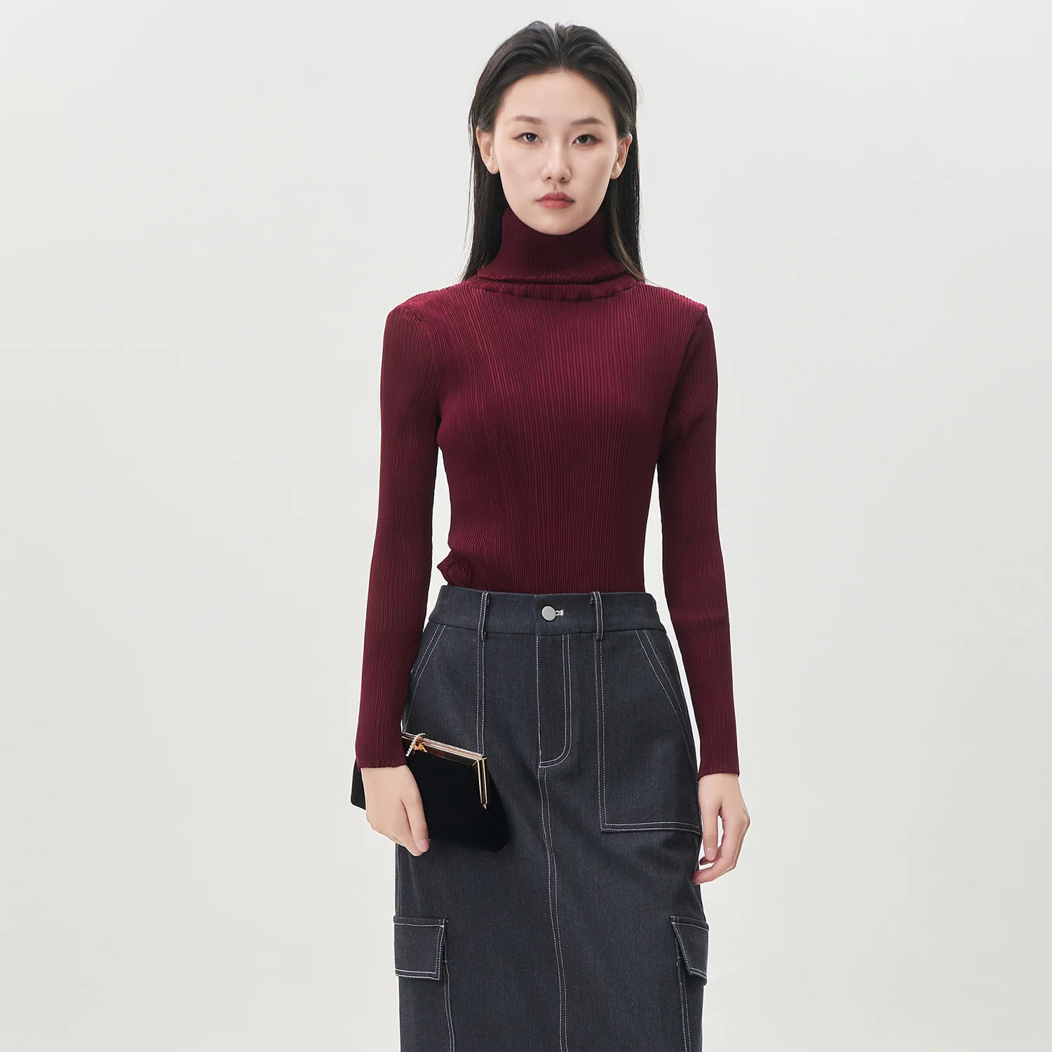 

Miyake Pleated Autumn and Winter New High Neck Base Shirt Women's Long Sleeved Slim Fit Fashionable Versatile Pleated Top Trend