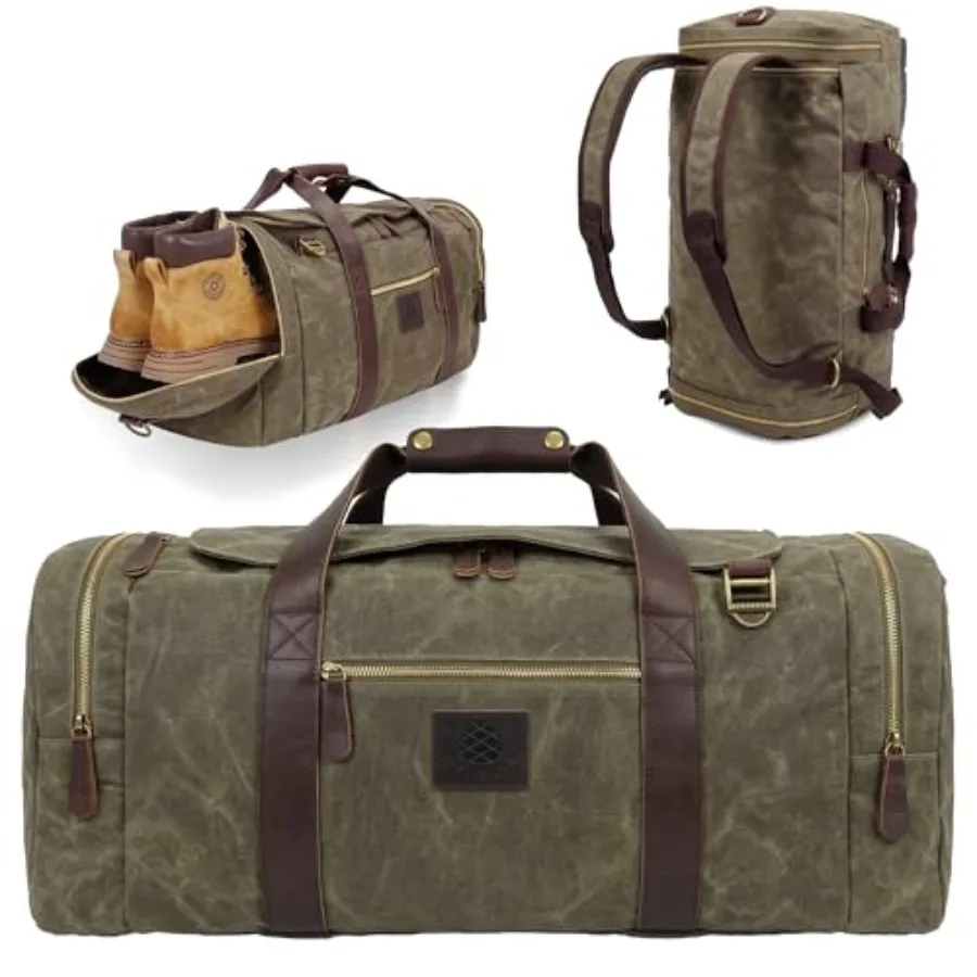

Duffle Bag for Travel, 50L Waxed Canvas Duffle Bag Travel Bag Overnight Bag with Shoes Compartment Men,Large-50L