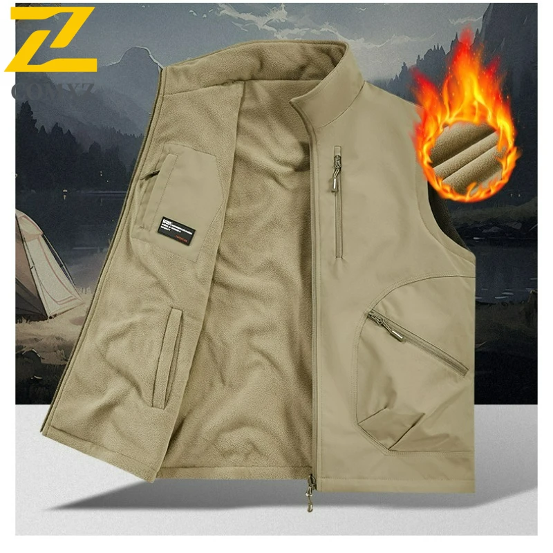 

COMXZ 2025 Urban Workwear Vest Mens 2 Way Design Solid Color Wool Lined Sleeveless Coat Wind Waterproof For City Outdoor