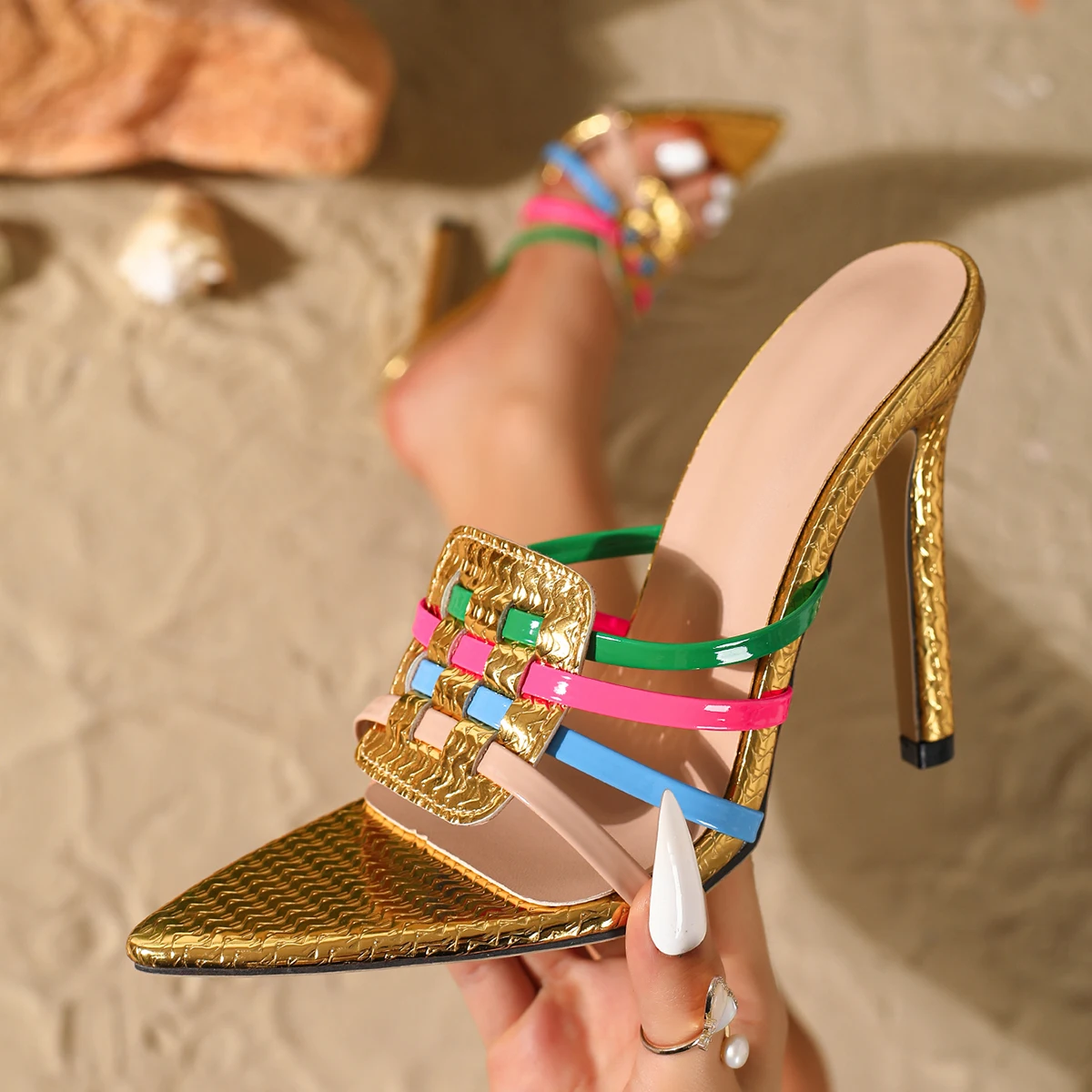 

Summer Multicolour High Heels Slippers Plus Size 35-44 Sexy Elegant Ethnic Wedding Party Shoes Pointed Open Toe Mules Slippers