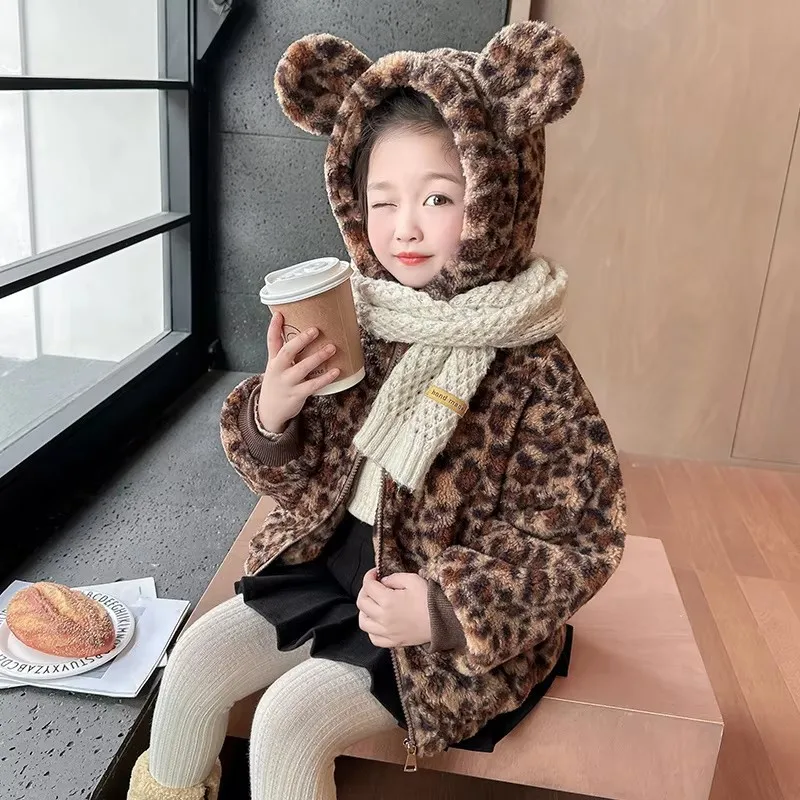 Infant Girl Winter Leopard Print Fur Coat Baby Thermal Clothes Kids Warm Leopard Ear Hoodie Outerwear Child Thick Wool Jacket