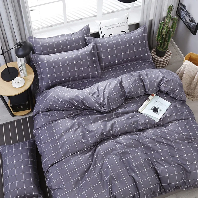 150/180/200/220CM Check Blue Polyester Bed Sheet Duvet Cover Pillowcase Four-piece Spring Autumn Bedding Set M041-5