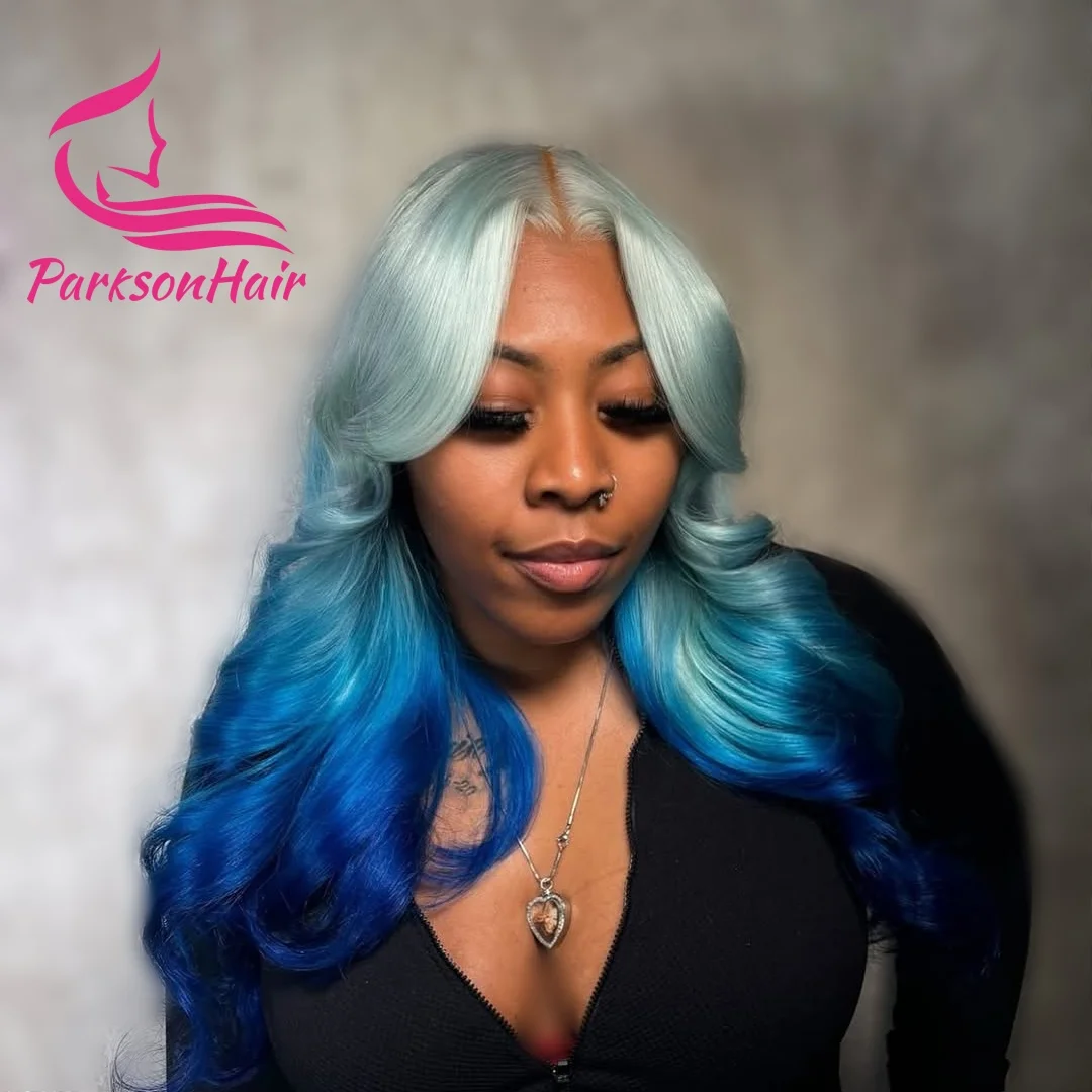 

Ombre Blue Transparent 13*6 Lace Frontal Human Hair Wig Brazilian Body Wave Highlight 613 Colored White Blue Human Hair Wigs