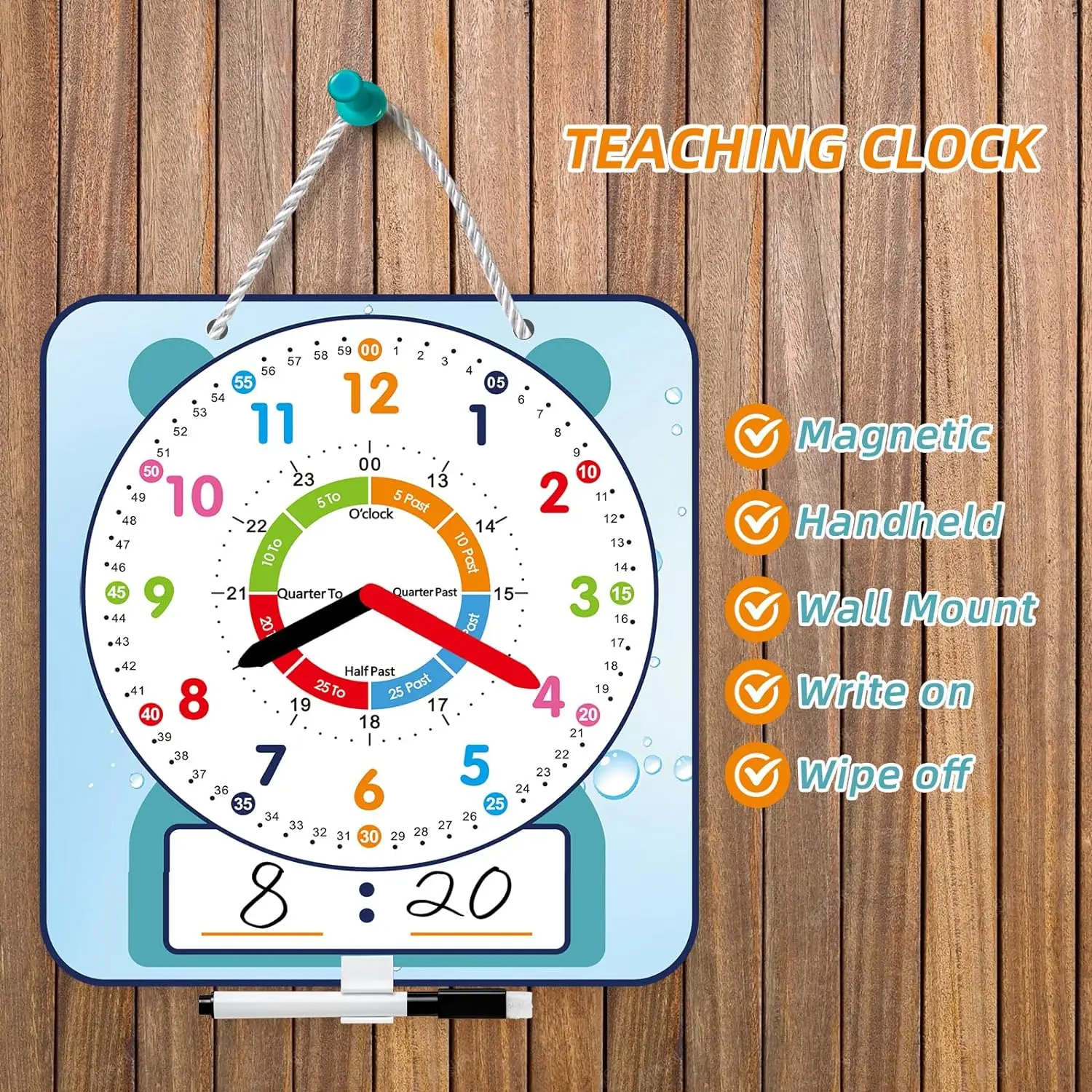 Magnetic Writable Dry Erase Teaching Clock with Pen Teaching Demonstration Clock for Kids Learning Time Classroom Supplies