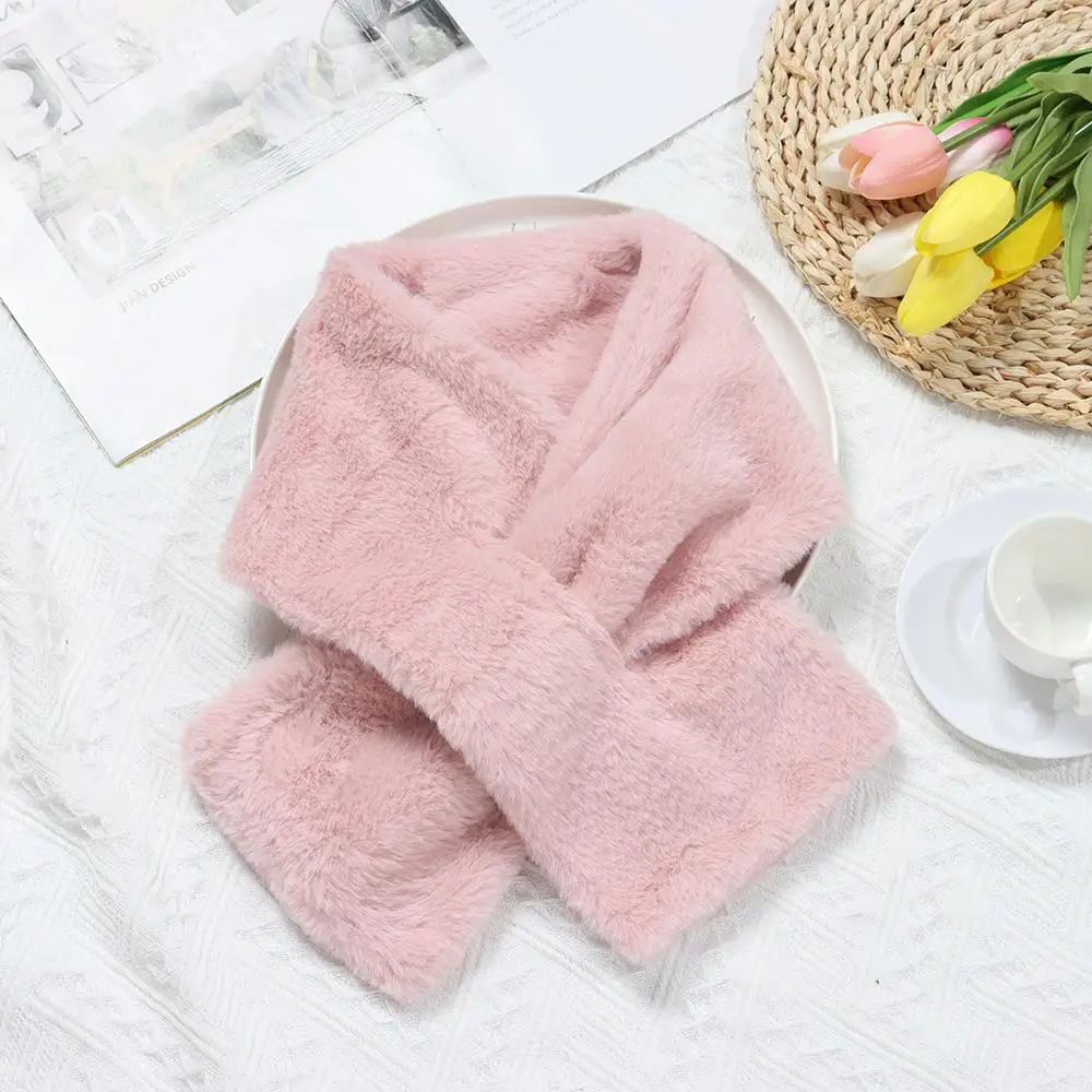 Women Winter Warm Thicken Cross Collar Scarf  Solid Color Faux Rabbit Fur Plush Elegant Shawl Scarfs