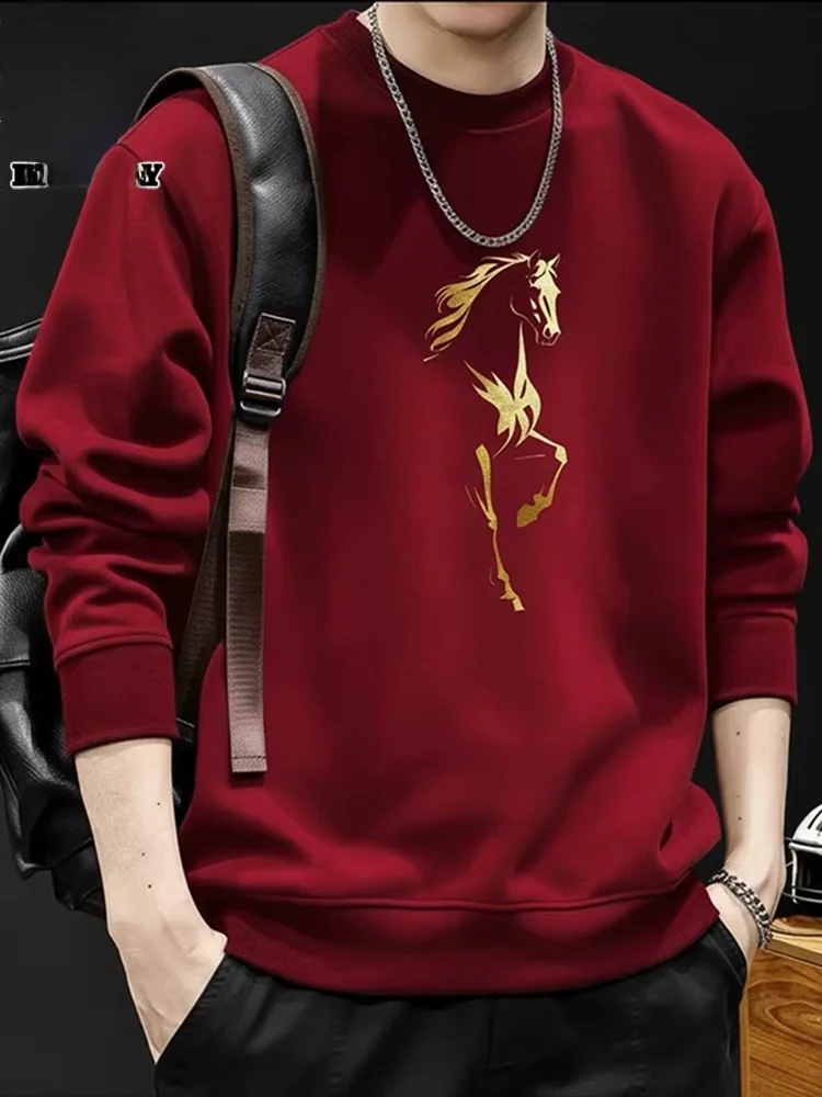 

Красный круглый свитшот мужской, весна 2026, повседневный, с принтом, с длинным рукавом, свободного кроя, молодежный, из хлопка и полиэстера