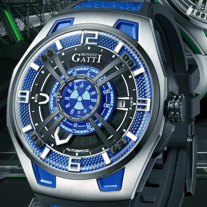 

BONEST GATTI Men Automatic Watch 43mm Mechanical Wristwatch 50M Waterproof Sapphire Mirror Luminous FKM Strap Stargate Dial