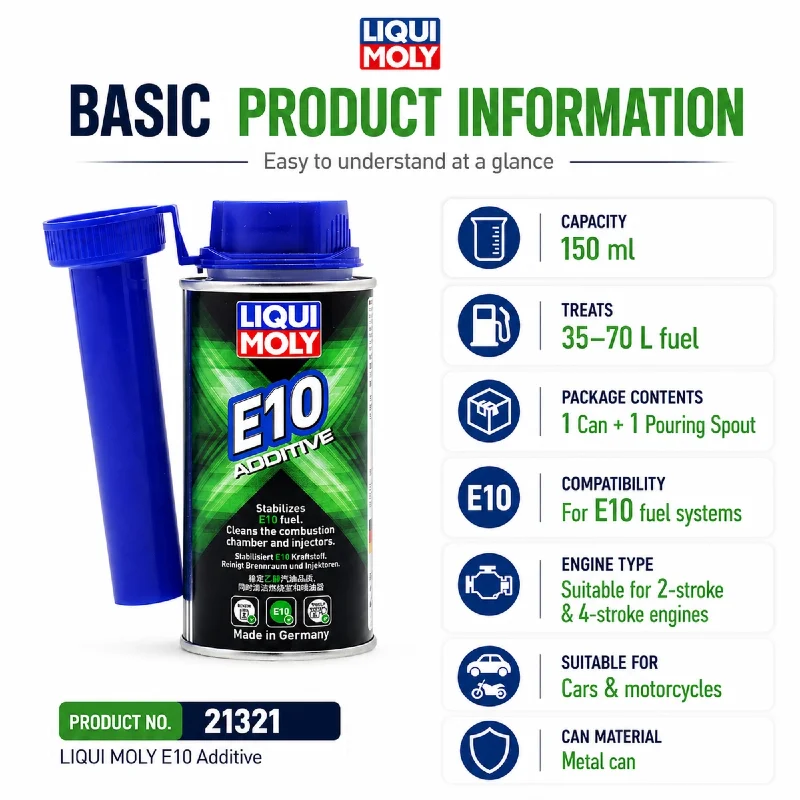 LIQUI MOLY E10 Additive 21321 150ml Fuel Additive Petrol System Cleaner Injector Care for Car Motorcycle