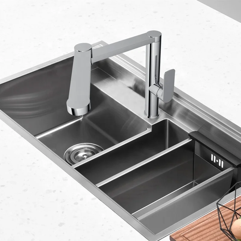 

New Design Customized Brass Chrome Deck Mount Two Spout Fold-able Rotating Kitchen Sink Faucet