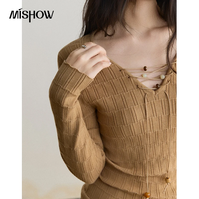 MISHOW Women's Sweater French Soft Style Drawstring Versatile Pullover 2026 Autumn Designer Layering Long Sleeve Tops MXF43Z3159