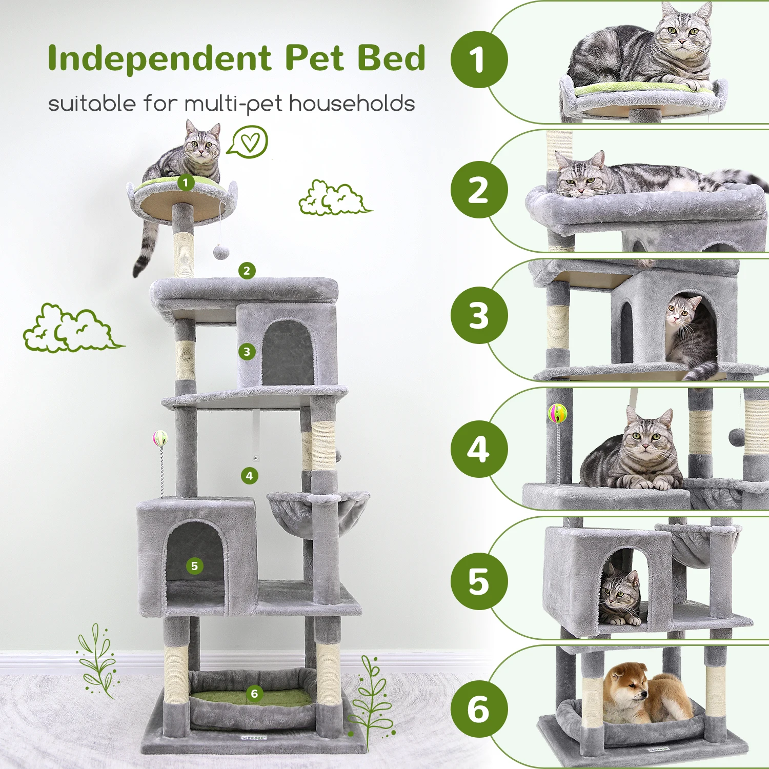 S72 Heavy Duty Cat Trees for Large Cats, Sturdy 72in Maine Coon Cat Tree for Large Cats 20 lbs+ Heavy Duty Cat Tower, Light Gray