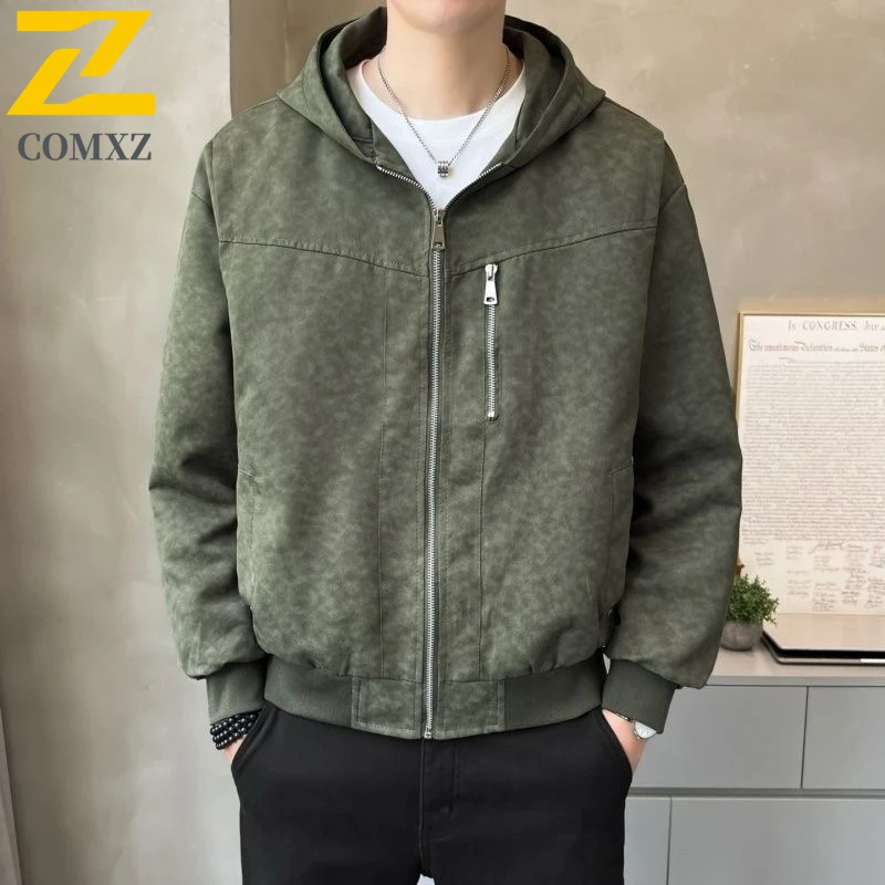 

COMXZ 2025 Men's American Workwear Hooded Jacket Autumn Spring Trendy Loose Fit Casual Lightweight Comfortable Coat
