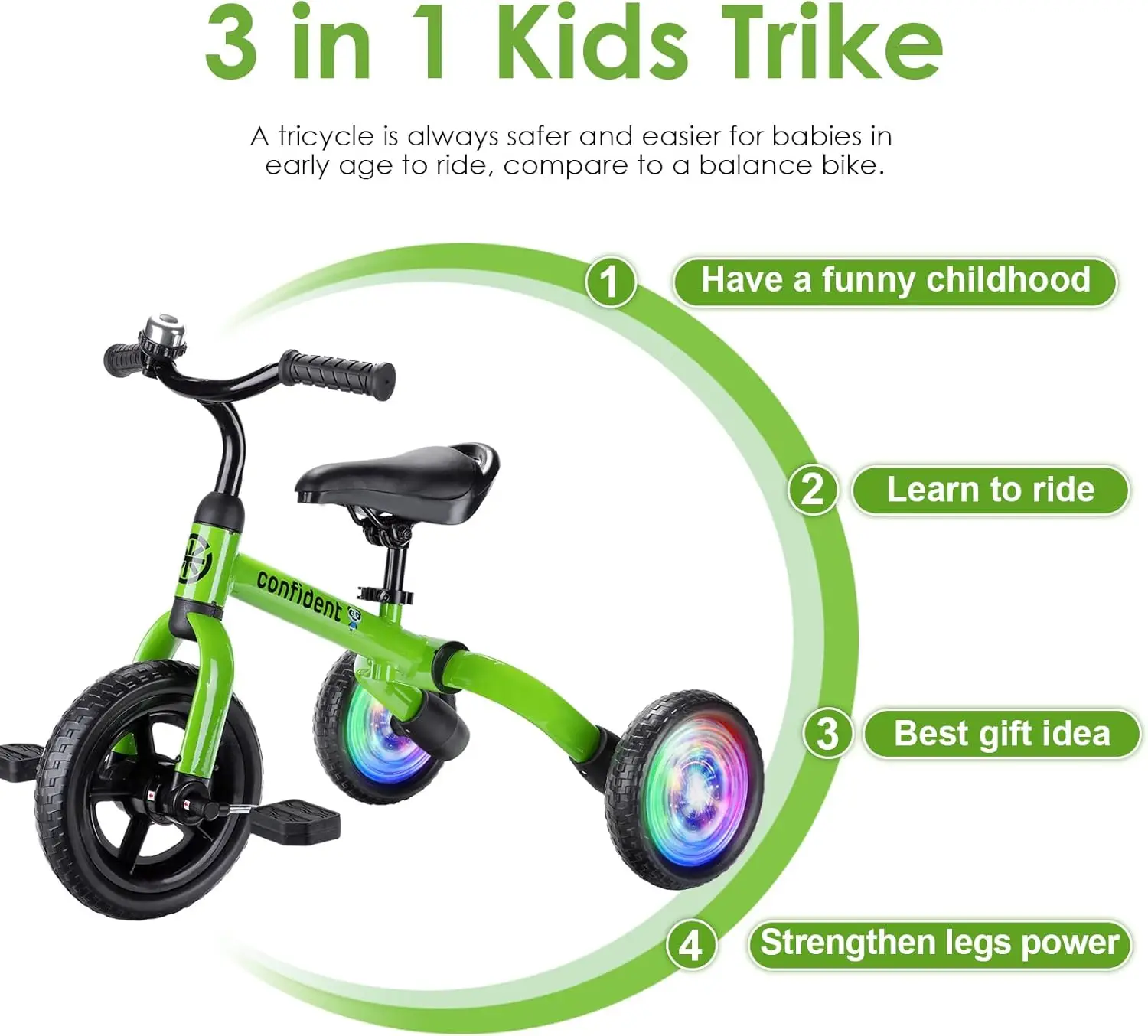 3 in 1 Lighting Tricycle for Toddlers Age 2-5 Years Old, Folding Kids Balance Bike with Adjustable Seat and Removable Pedal, Tod