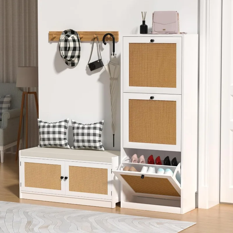 Meuble à chaussures en rotin T1, armoire d'entrée à chaussures en bois avec 3 pivots à proximité, meuble de rangement à chaussures à 3 niveaux pour couloir