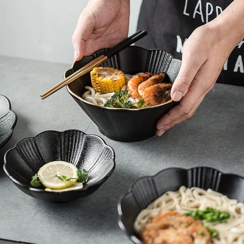 Black Retro Matte Salad Bowl Creative Ramen Bowl Household Dessert Bowl Trendy Tableware Set
