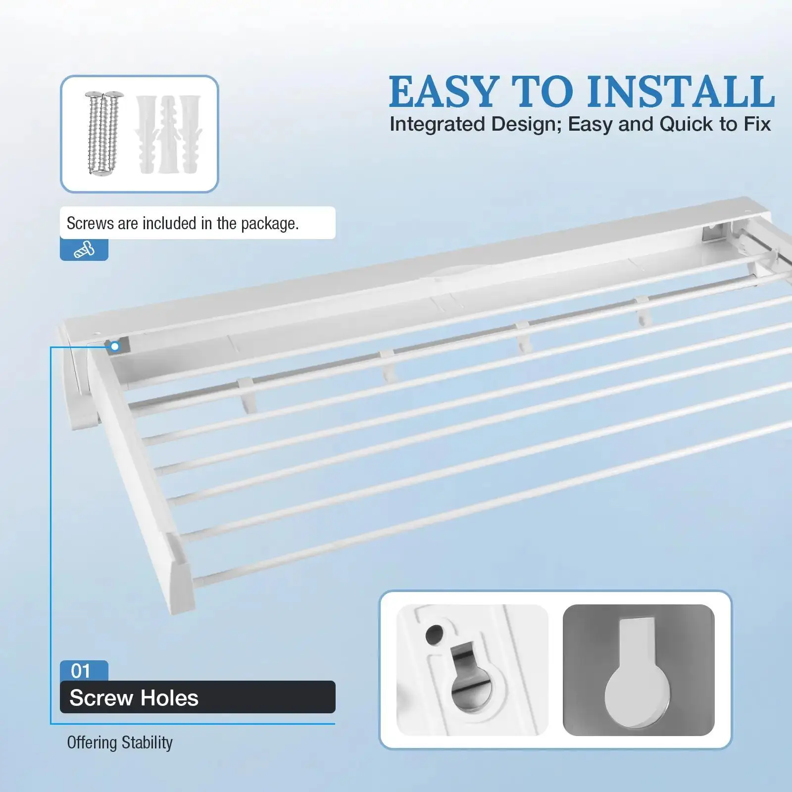 

White Wall-Mounted Collapsible Clothes Drying Rack - Space-Saving Laundry Room and Bathroom Organizer