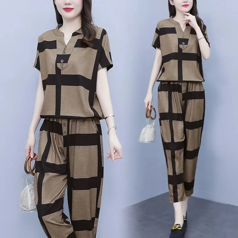 

2024 Summer New Mom's Wear Age Reducing Fashion Casual Set Large Loose Harlem Style Two Piece Set for Women