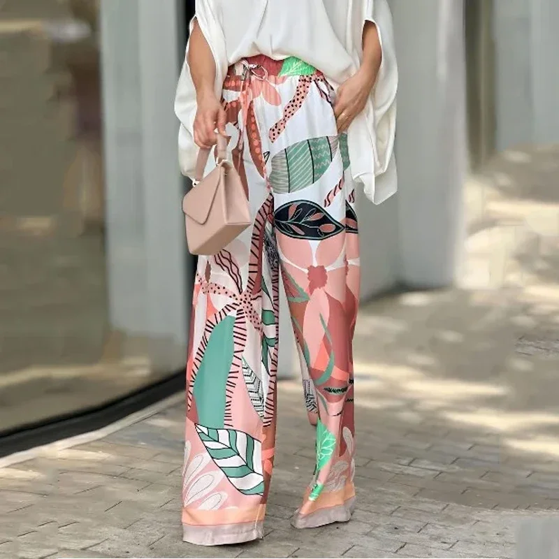 2024 Two-piece Summer Casual Solid V-neck Batwing Sleeve Loose Top with Wide Legs Printed Stretch Waist Pant Suit Streetwear