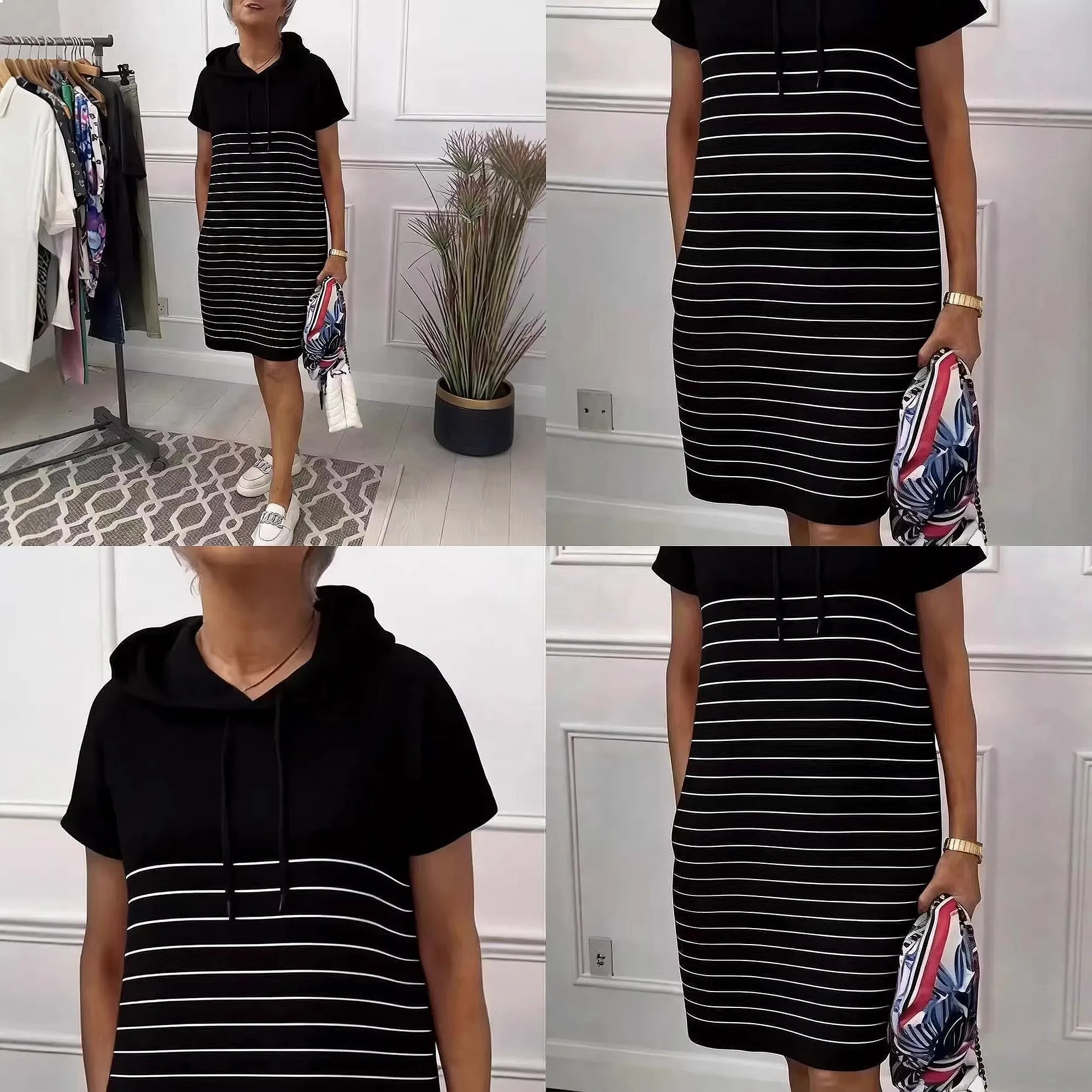 

Hooded Stripe Dress Casual Slimming Midi Hoodie Dresses Spring Summer