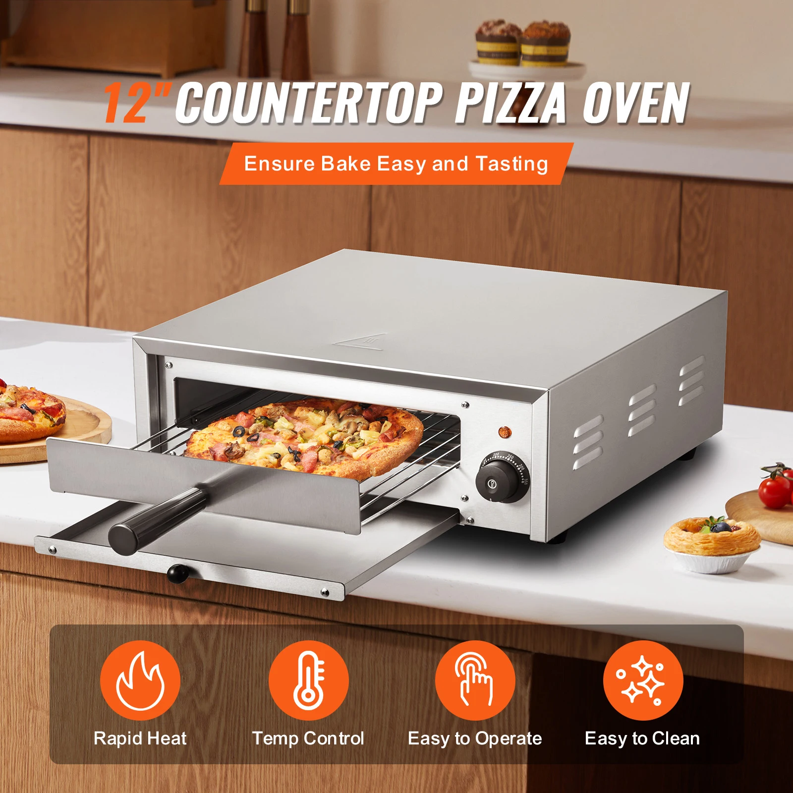 VEVOR Countertop Electric Pizza Oven Stainless Steel Construction and Easy-to-Clean Crumb Tray for Both Commercial and Home Use
