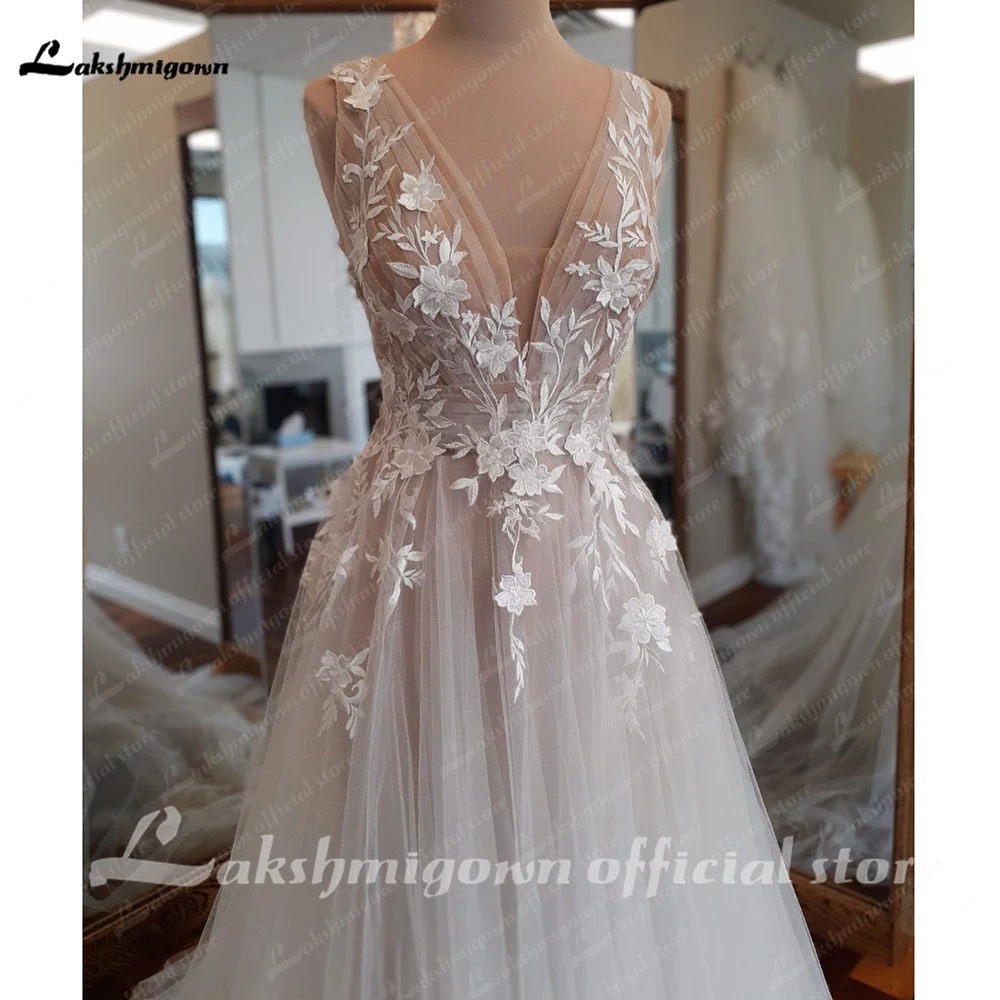 Yanshmigown-Robe de mariée à col en V pour femme, Blush, Champagne, Une ligne, Dentelle, Fleurs, Mariage, Quelle que soit la robe, Éducatif, 138