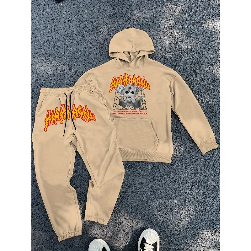 2025 بدلة رجالية شارع العصابات لهب ثلاثية الأبعاد مطبوعة الشارع كول نمط الكنغر حقيبة فضفاضة الكتف هوديي السراويل الرياضية مجموعة