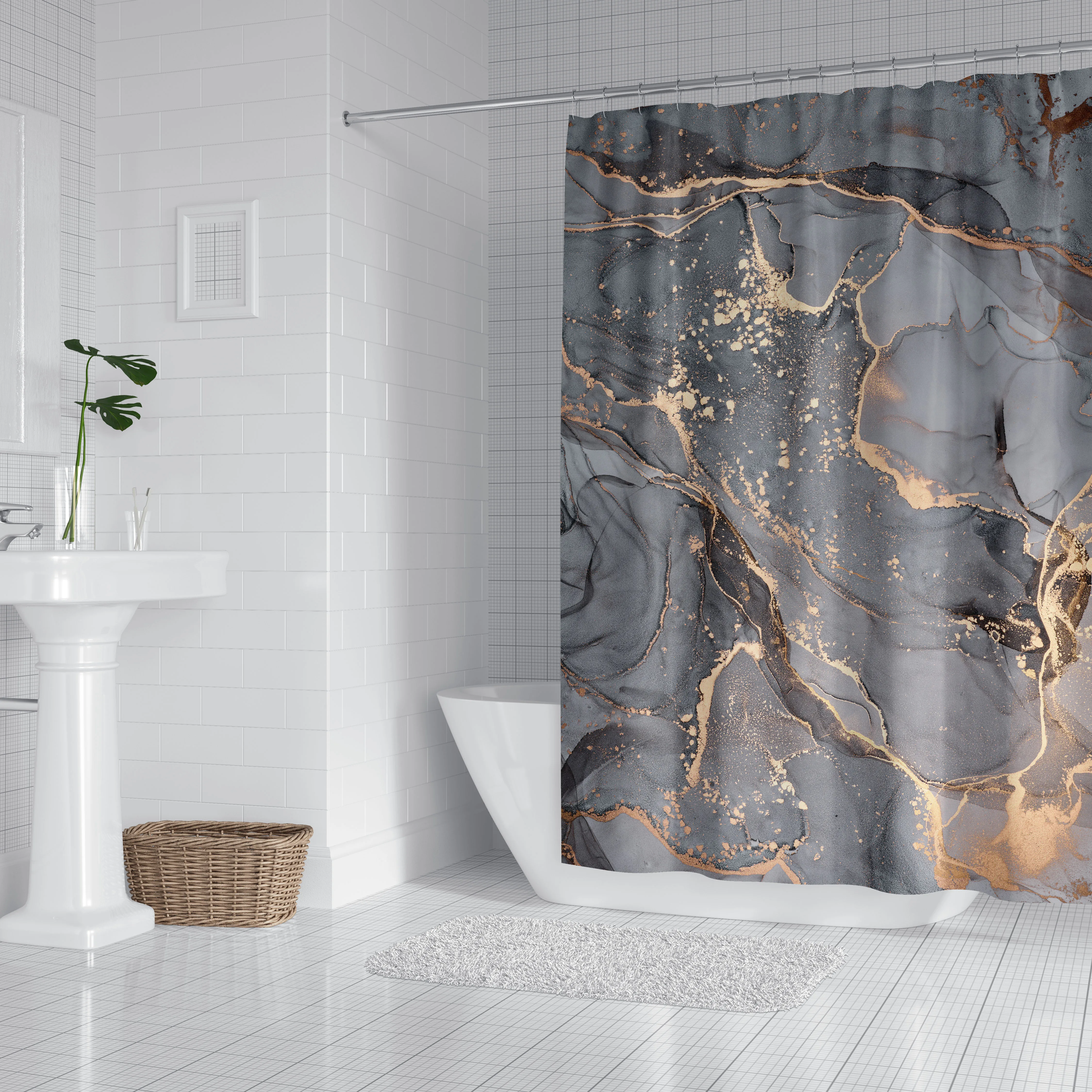 1pc Gray Marbling Shower Curtain Bathroom Partition Decorative Curtain Machine Washable Lake Print Window Privacy Curtain