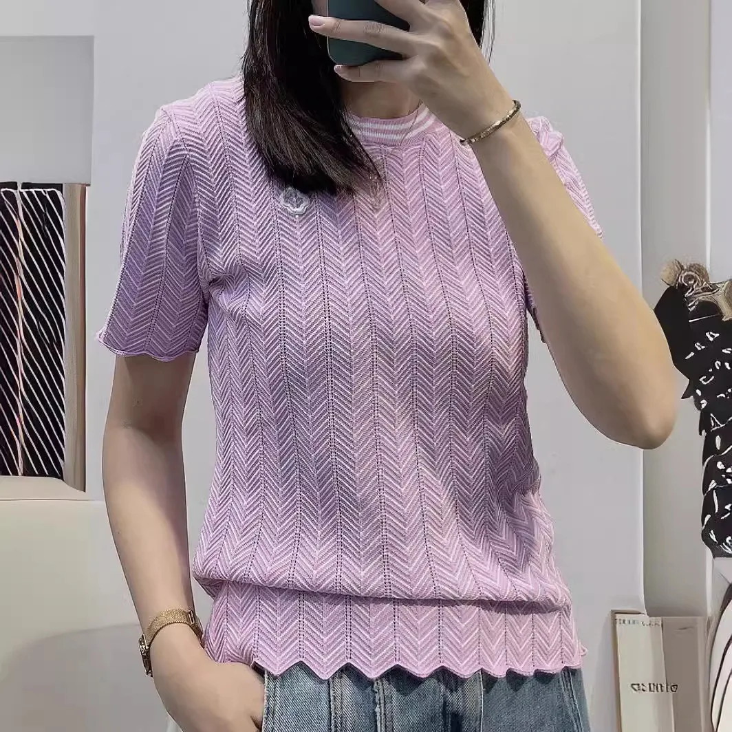 High Quality 2024 New Summer Women Short Sleeve T-shirt O-neck Irregular Waves All-match Pullover Top Light Purple Knitted Tees