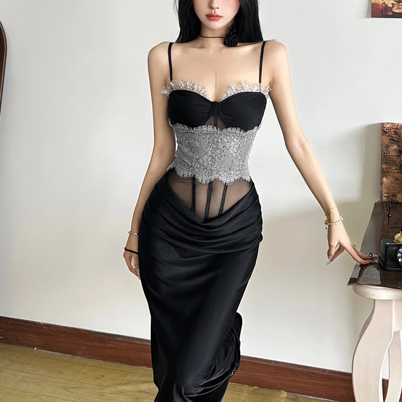 

Sexy Sleeveless Maxi Dress Women Fashion Lace See Through Strapless Evening Dresses Korean Backless Bodycon Club Party Dresses