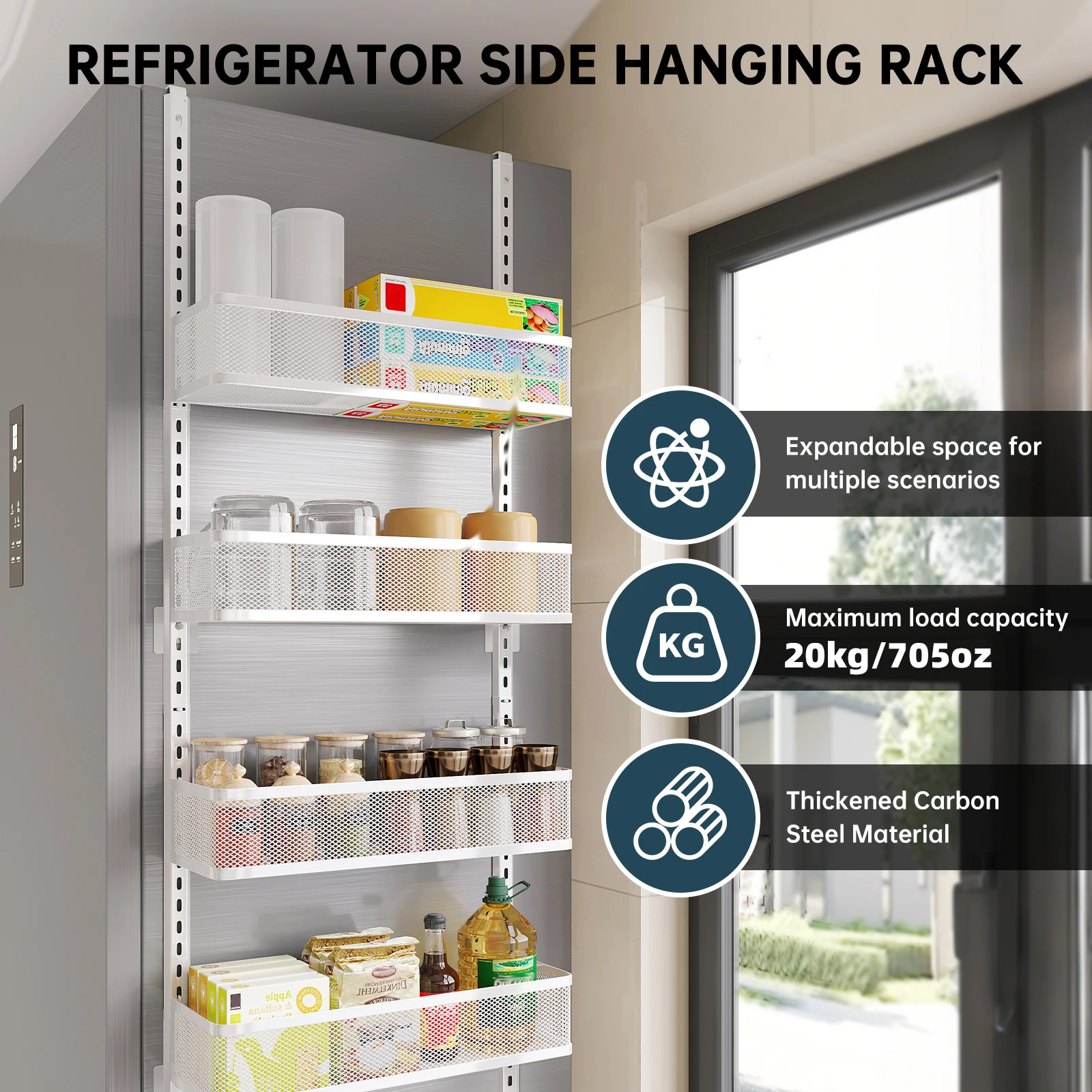1Pc Refrigerator Side Storage Rack Hanging Basket Hook Multi-Layer Organizer Spice Rack Cling Film Metal Basket No Drilling Required Large Capacity Hanging Refrigerator Rack Seasoning Shelves with 3/4/5 Baskets