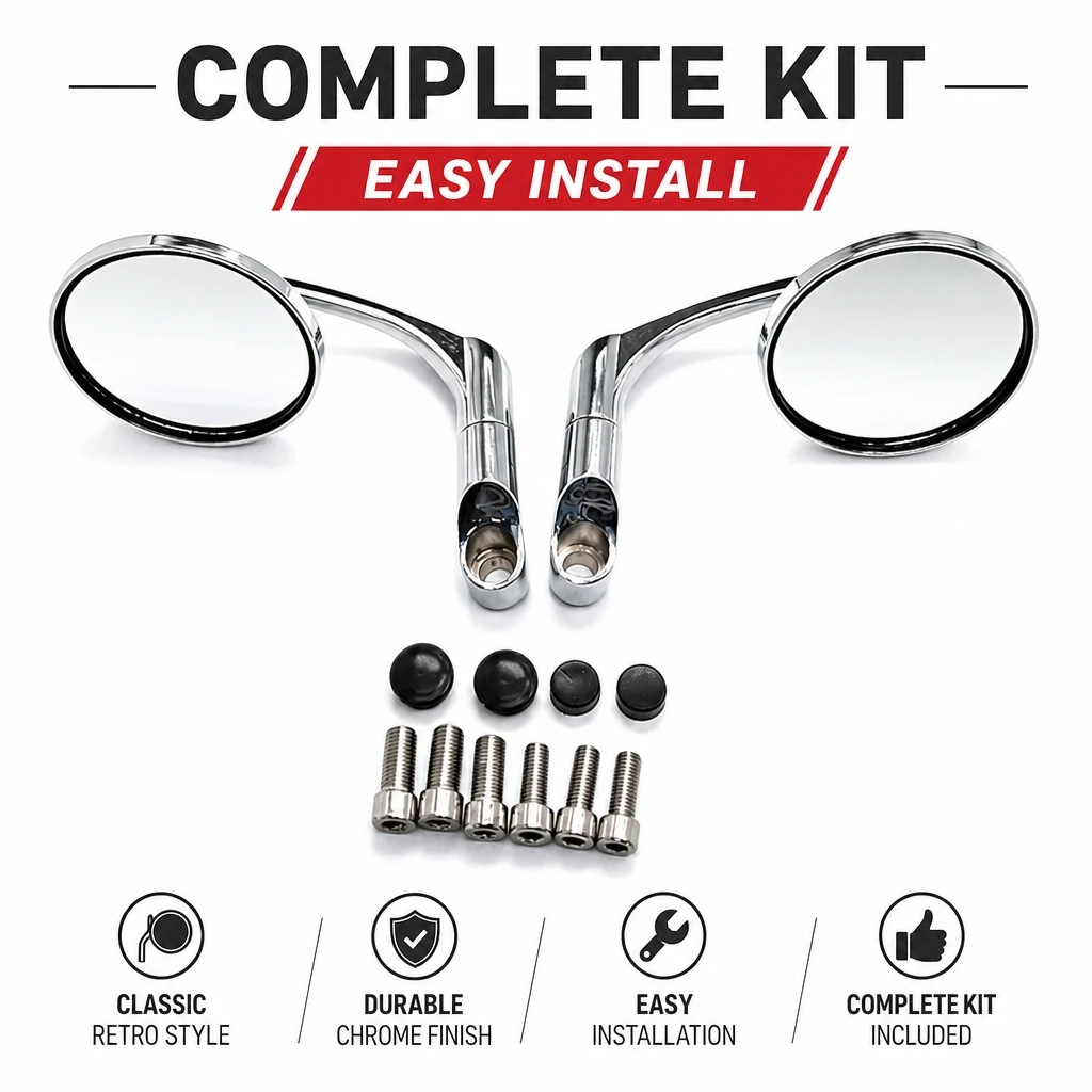 Universal Classic Round Convex Glass Motorcycle Mirrors Curved Bracket Chrome Matte Black Optional Rear View Mirrors