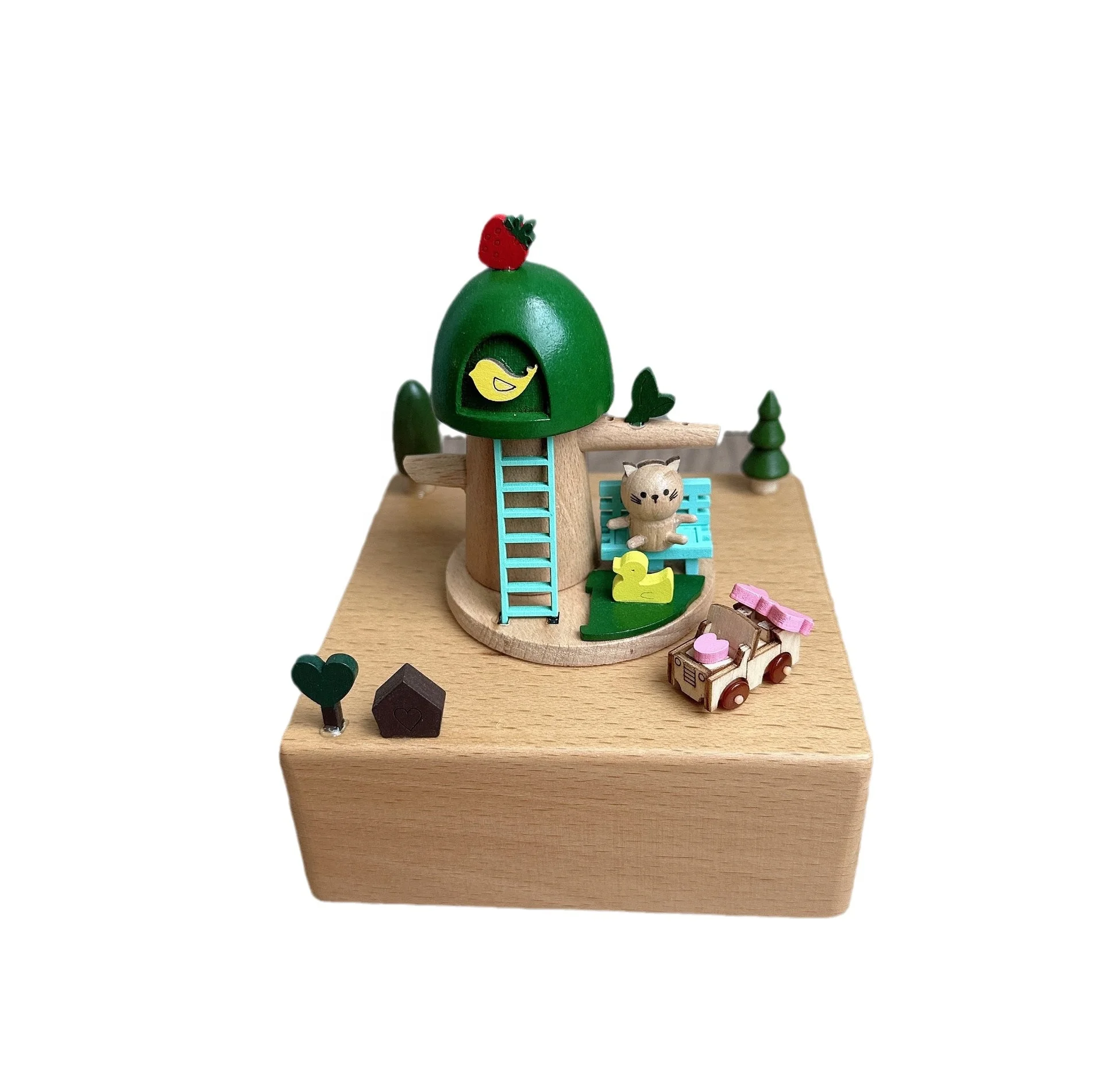 Ever Bright Kitten Beech Wooden Wind-up Cat Music Box ดีไซน์วางด้านหลังสําหรับของขวัญวันเกิดคริสต์มาสผลิตโดย Ever Bright