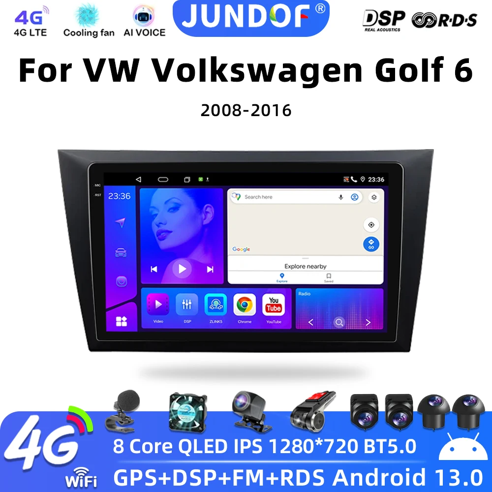 JUNDOF Android 13 Radio For Volkswagen VW Golf 6 MK6 GTI R 2008-2016 Wireless Carplay Android Auto Car Stereo Multimedia Player