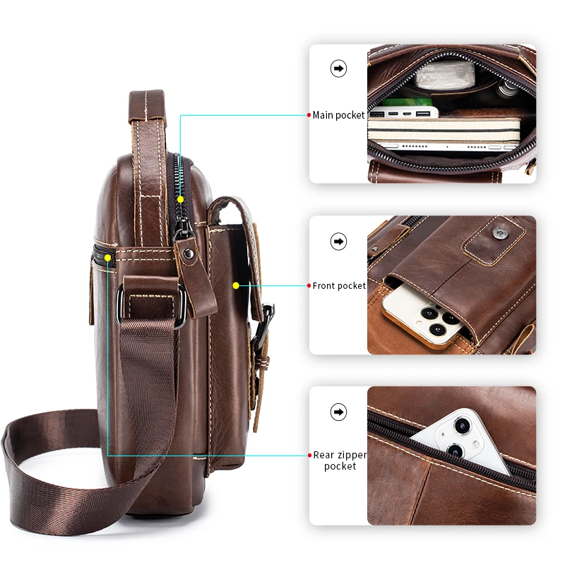 Bolsa de ombro pequena de couro para homens, couro genuíno, mini bolsa crossbody retrô, bolsa vertical casual