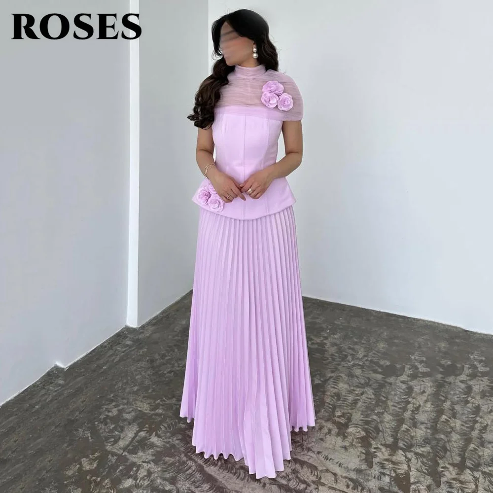 ROSES Abito da ballo in chiffion lilla Fiore 3D e abito da festa plissettato Scollatura trasparente Gamjuku Abito da sera floreale 3D Personalizza