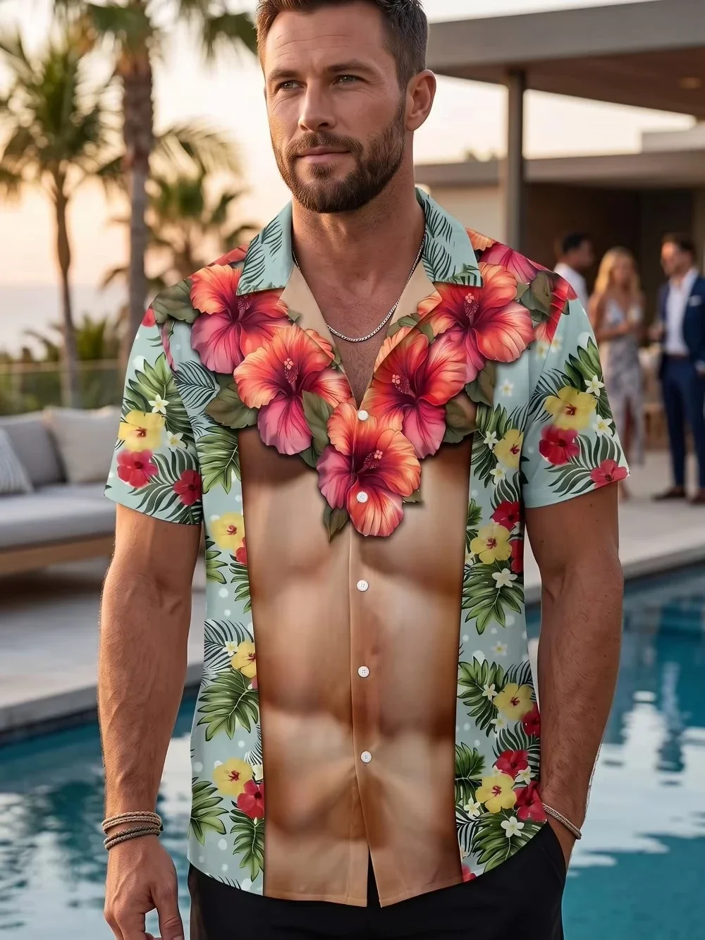 Fake Wreath Muscle Pattern 3D Print Men'S Casual Shirt Individual Hip-Hop Rock Street Hawaiian Short Sleeve Vacation Shirt