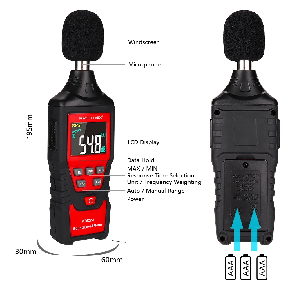 Sound Level Meter, Digital Decibel Reader Measurement, Range 30-130 dB, Accuracy 1.5dB Noise Meter with Large LCD Screen