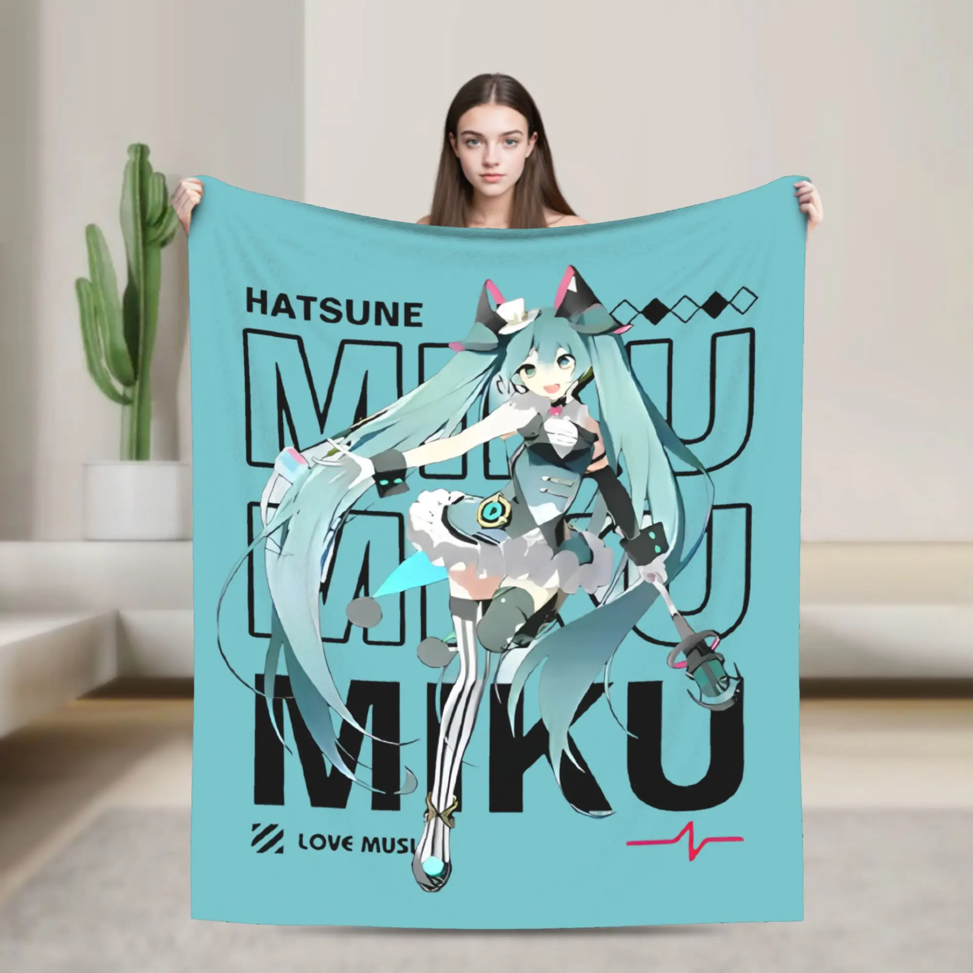 初音ミク-ブランケットカバー-ボーカロイド-フリーススローブランケット-寝室-ソファ-プリント入り-ソフトで暖かいベッドスプレッド