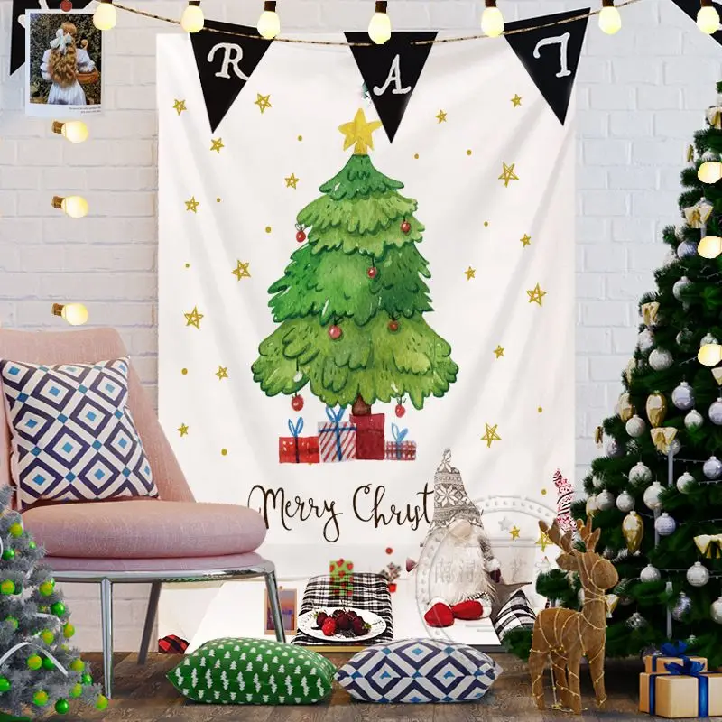 VIKAMA Wall Tapestry Painted Christmas Tree Purple Ornaments Gold Star Art Print Wall Hanging Home Decor Living Room Bedroom