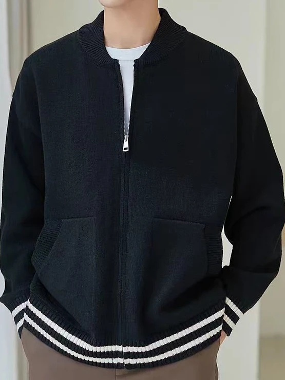 

Men's Casual Knitted Open Cardigan Long Sve Baseball Jersey Sle Striped Loose Fit Spring Autumn Outerwear Trendy Color B...